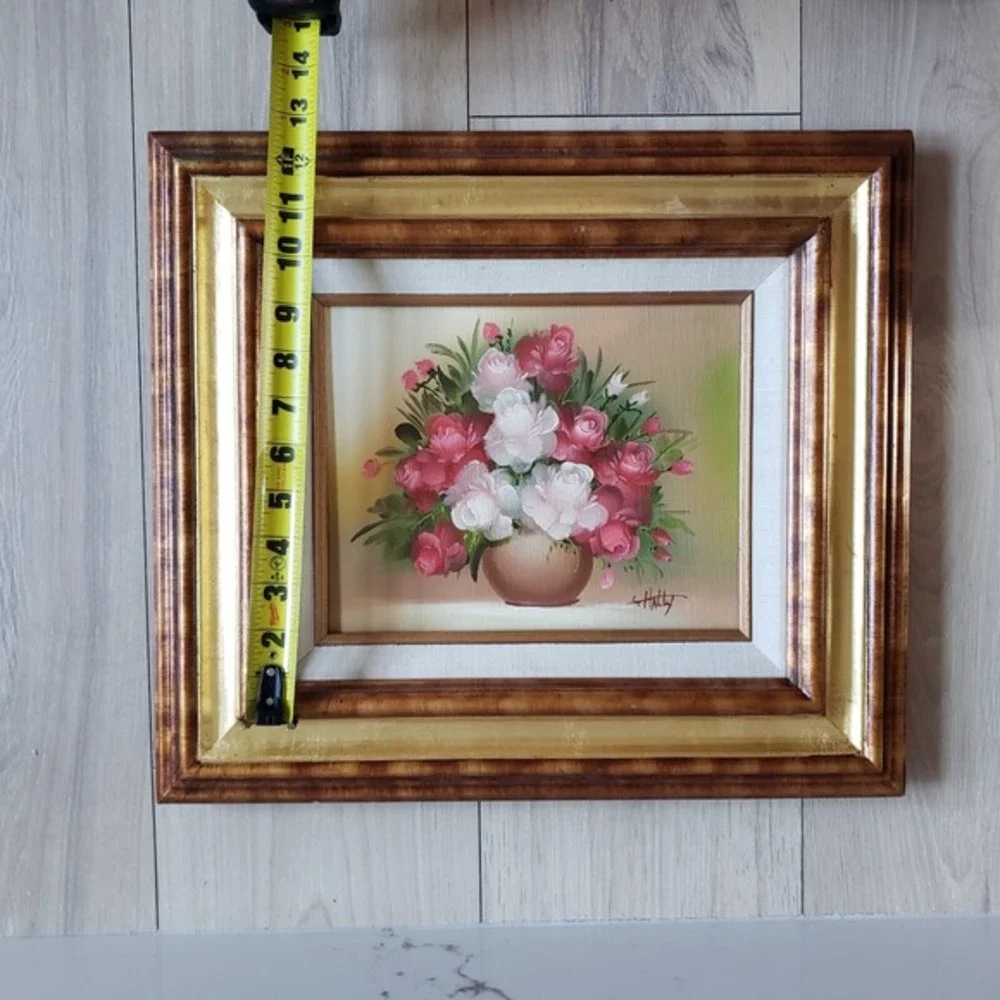 Vintage Original Oil Painting Signed Floral Still‎ Life Double Gold Framed 15x17